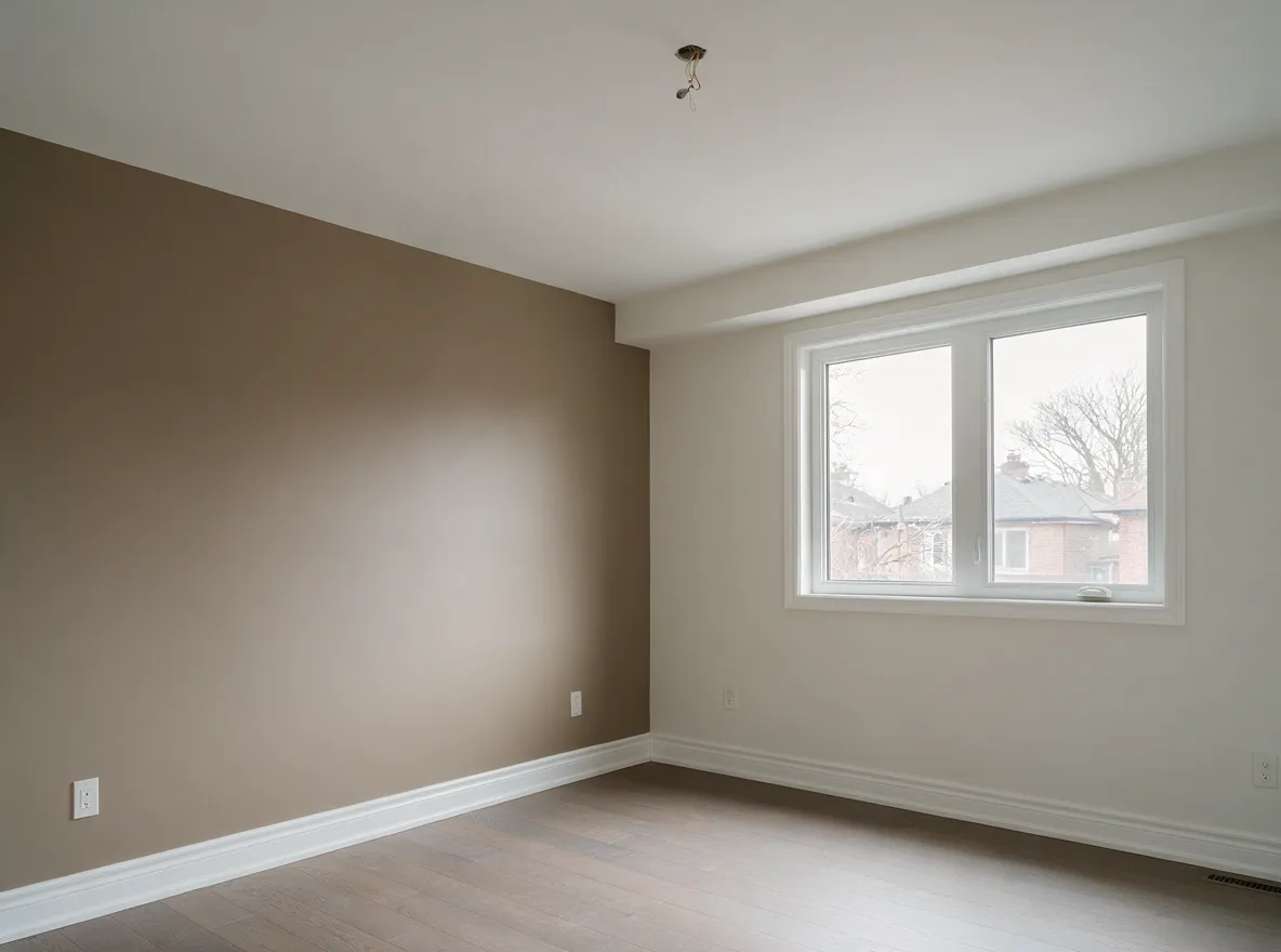 Primary bedroom with warm taupe accent wall, interior painting GTA