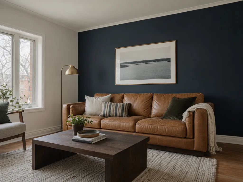 Living room with navy accent wall painted by UCO, Toronto
