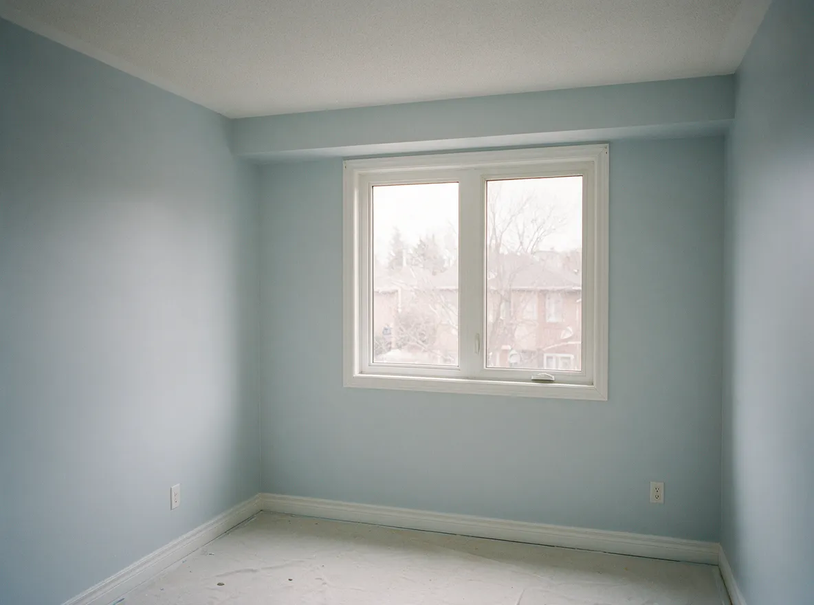 Kids' bedroom painted pale blue-grey with white bunk bed, Toronto house painters