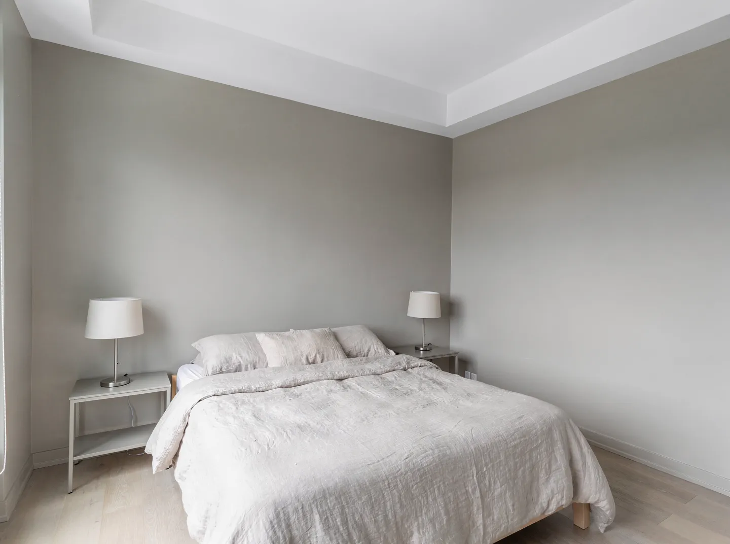Condo bedroom painted soft greige with white ceiling, interior painting Toronto
