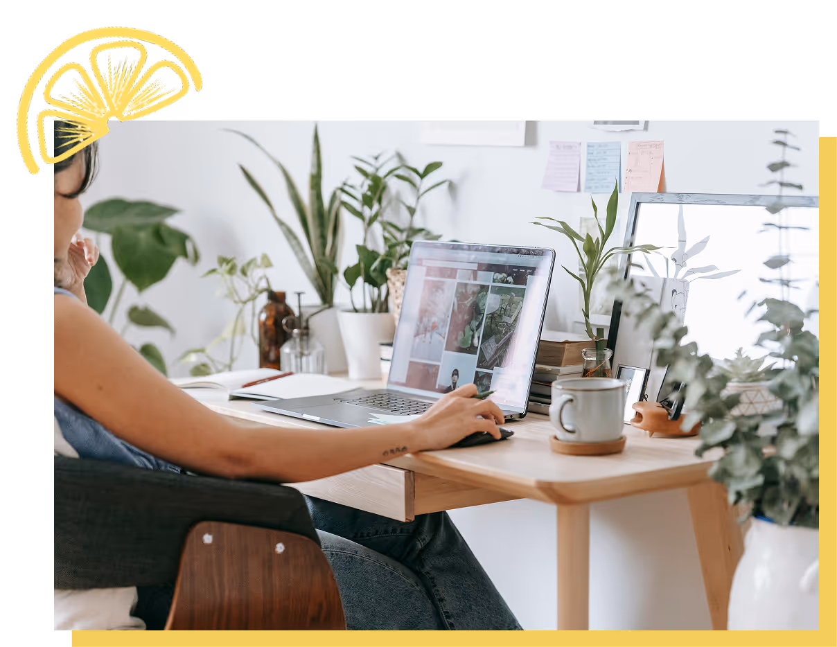 Person using a laptop at a wooden desk surrounded by various green potted plants and a mug. They look like they are contemplating the website.