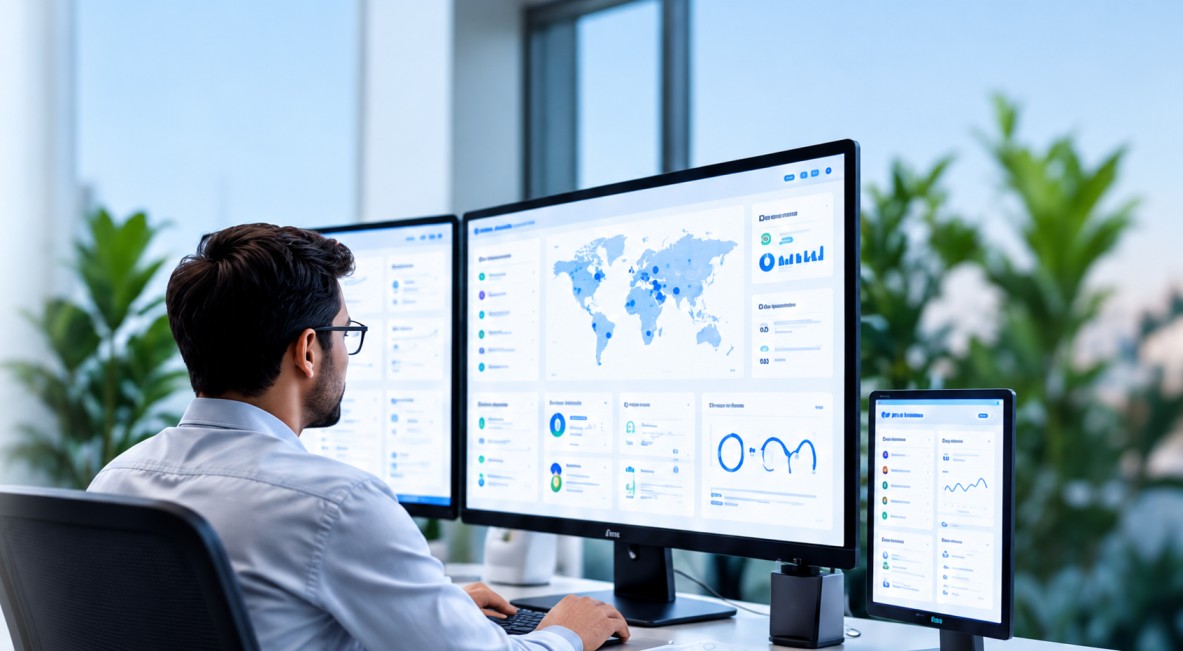 IT engineer monitoring infrastructure dashboards across multiple screens