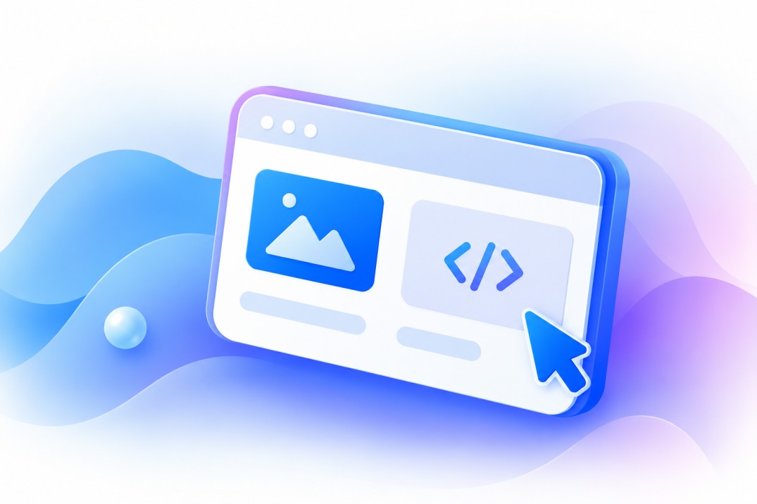 Floating browser window with image and code panels and a cursor, representing web design and development