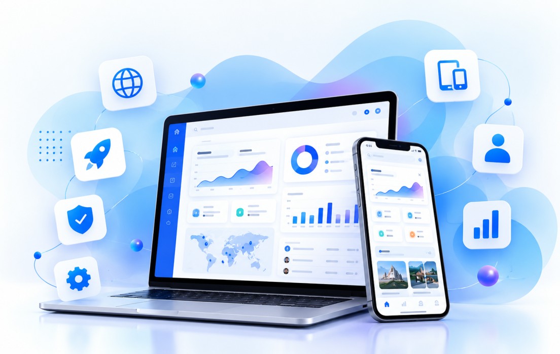 Web application dashboard displayed across laptop and mobile devices