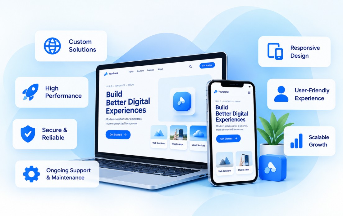 Laptop and smartphone showing a modern web dashboard, surrounded by icons for global reach, performance, security, responsive design, users and growth