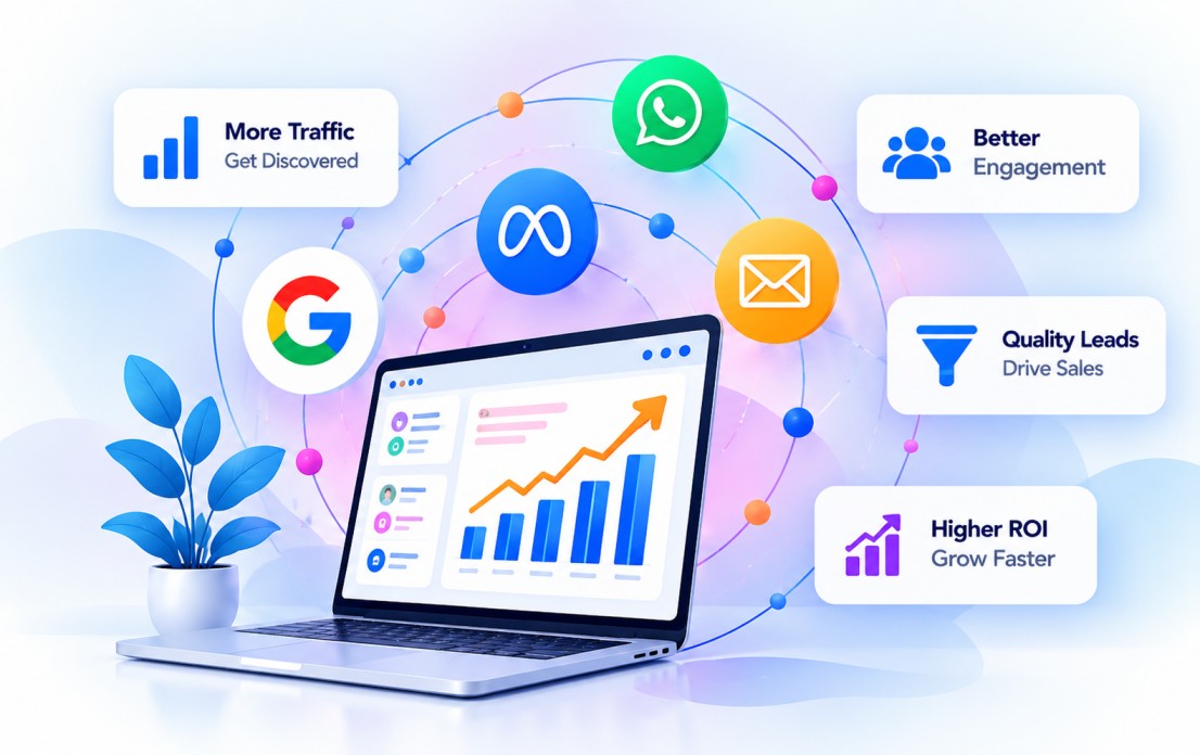 Digital marketing analytics dashboard on a laptop with Google, Meta, WhatsApp and email channels