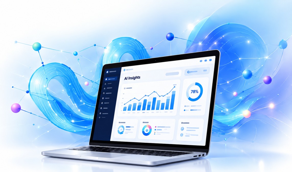 Laptop showing an AI Insights analytics dashboard surrounded by flowing data networks