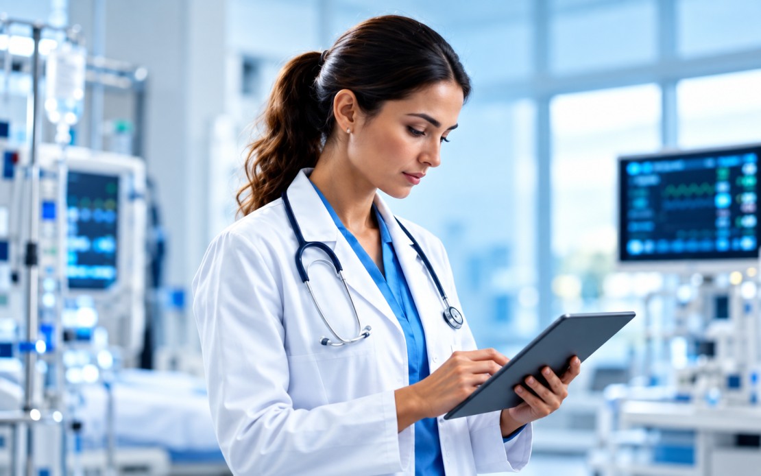 Doctor using a tablet in a modern hospital