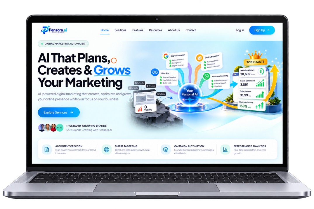 GrowWise AI digital marketing dashboard on a laptop