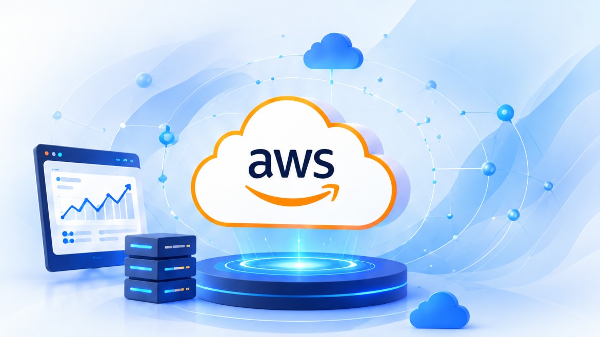 AWS cloud infrastructure illustration with servers, analytics dashboard and connected cloud network