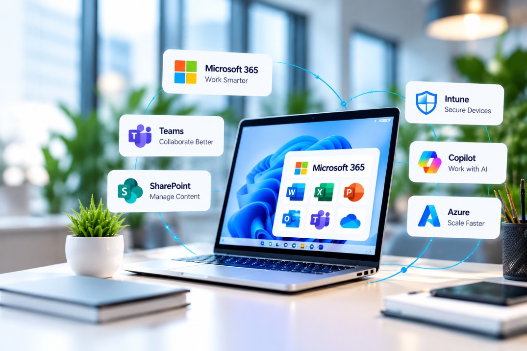 Laptop showing Microsoft 365 apps surrounded by Teams, SharePoint, Copilot and Azure