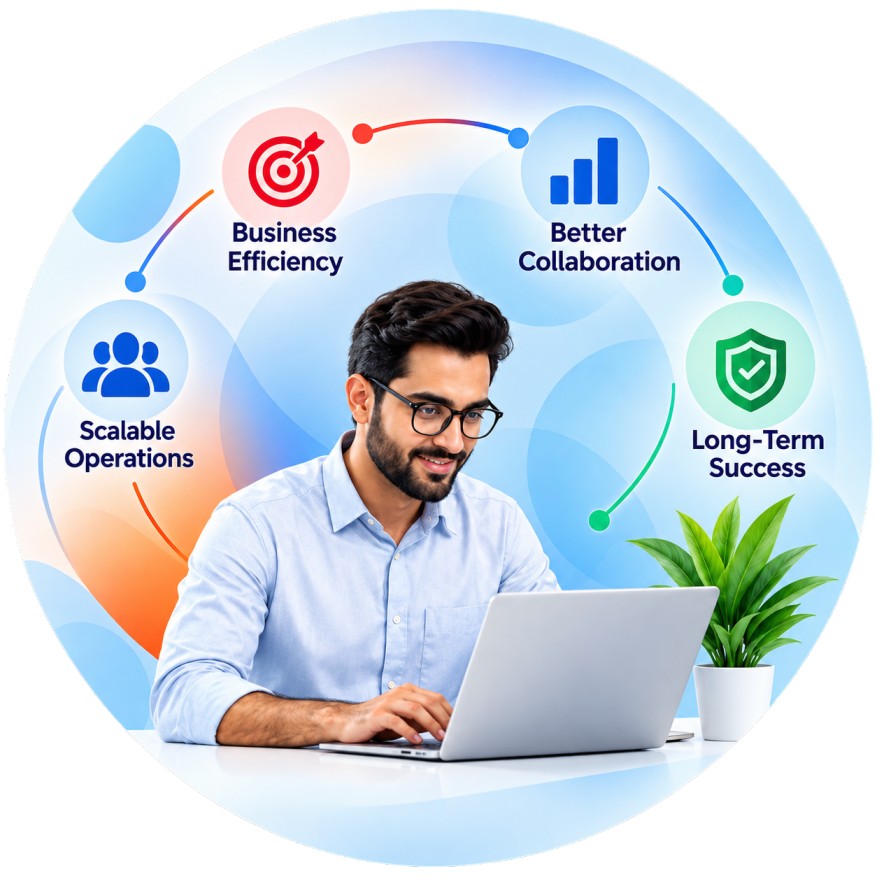 Businessman using a laptop surrounded by Zoho benefits: business efficiency, better collaboration, scalable operations and long-term success