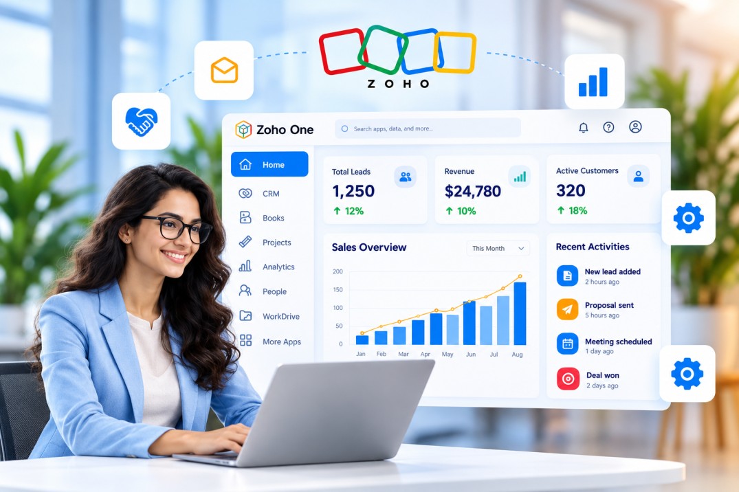 Smiling businesswoman working on a laptop beside a Zoho One dashboard showing leads, revenue and sales overview