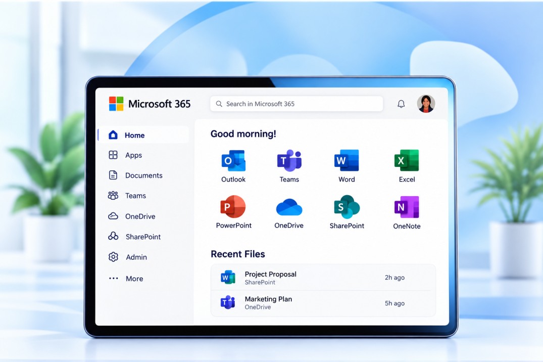 Microsoft 365 productivity apps shown on a laptop in a modern workspace