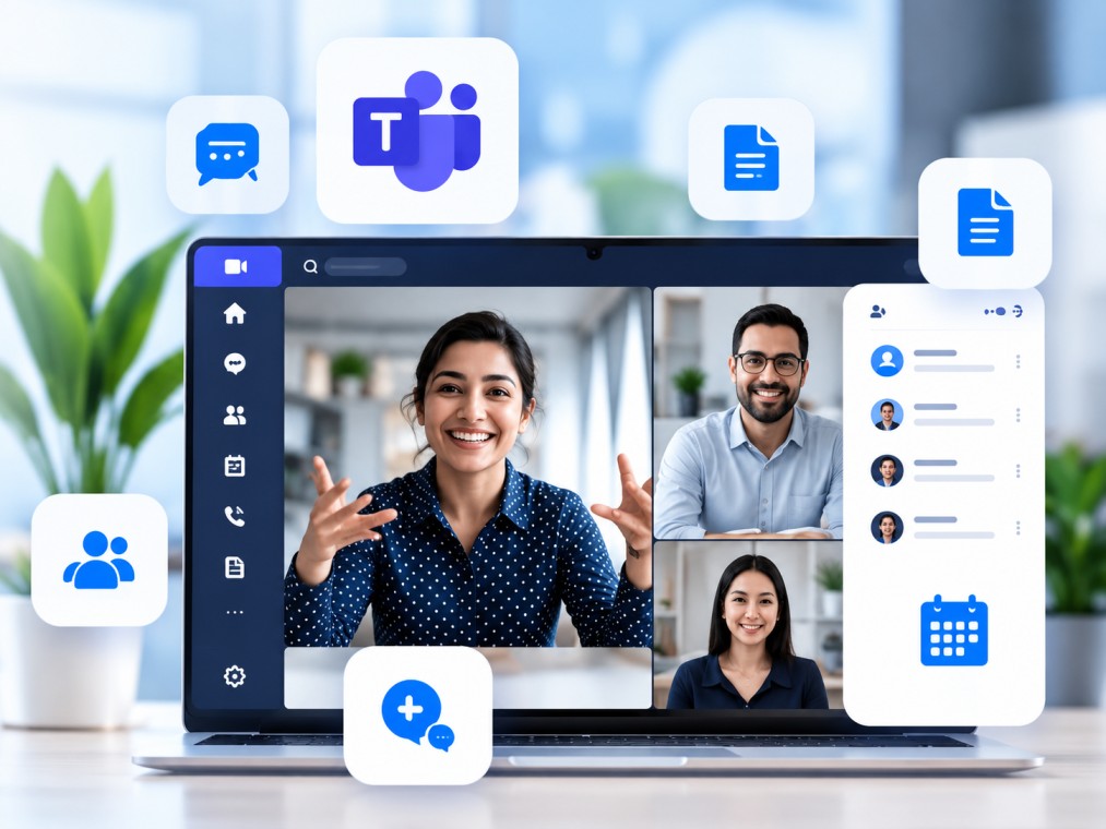 Team members collaborating in a Microsoft Teams video meeting
