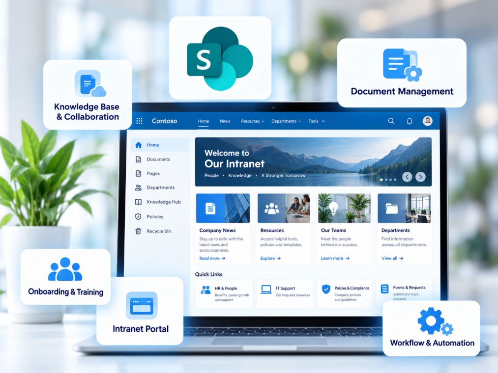Connected Microsoft SharePoint and Microsoft 365 digital workspace on a laptop
