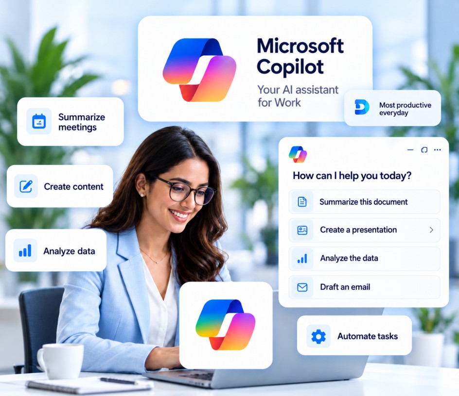Professional working with Microsoft Copilot on a laptop, surrounded by AI feature cards