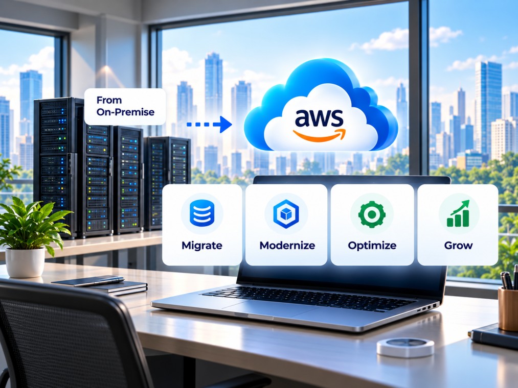 Modern office data center with on-premises servers migrating to the AWS cloud
