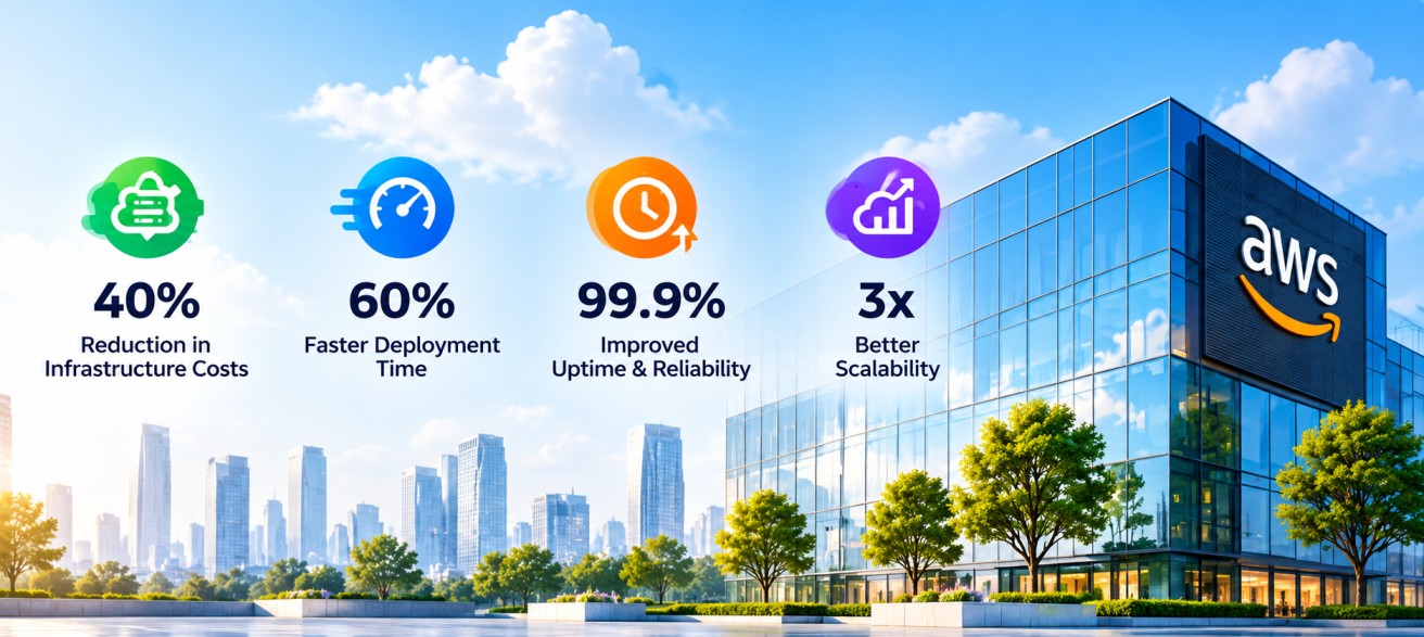 AWS migration results: 40% reduction in infrastructure costs, 60% faster deployment time, 99.9% improved uptime and reliability, and 3x better scalability, shown beside an AWS office building