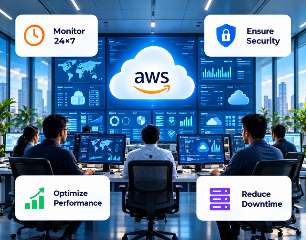 Engineers monitoring AWS cloud operations dashboards in a network operations control room