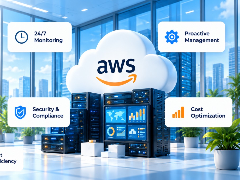 AWS cloud infrastructure with server racks and a modern data center environment