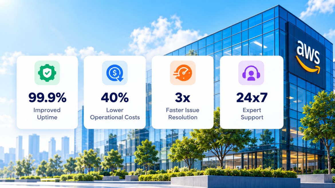 AWS managed services business impact infographic beside a modern AWS office building