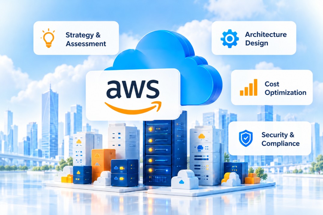 AWS cloud infrastructure illustration with cloud services and data center architecture