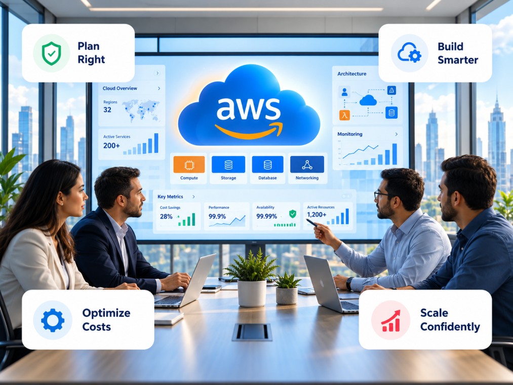 AWS consultants discussing a cloud strategy in a meeting room