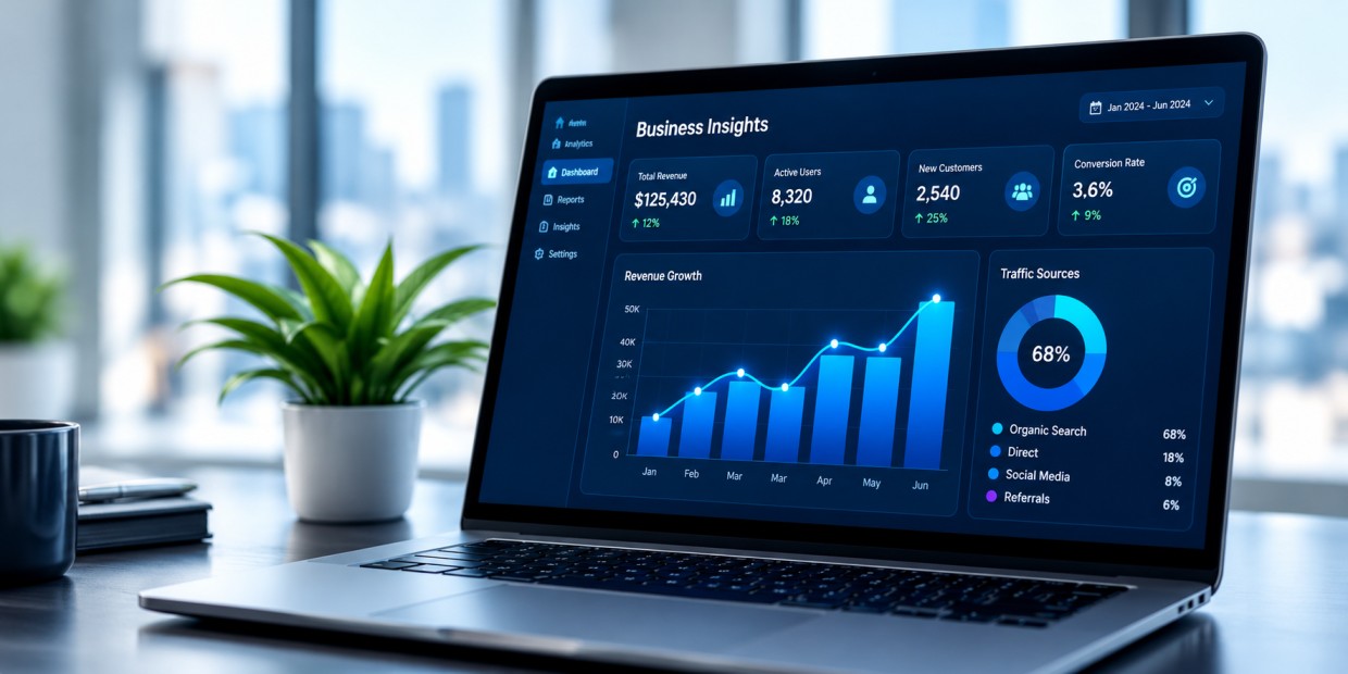 Business insights dashboard on a laptop in a modern office