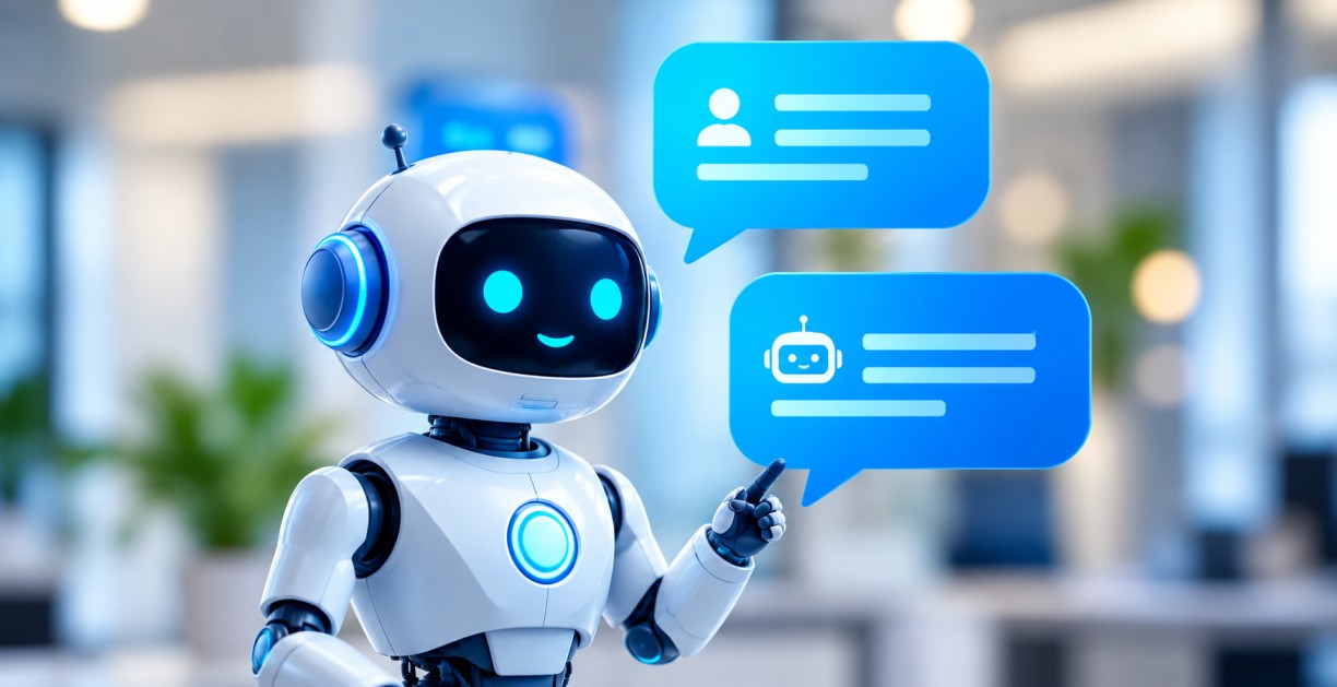 Friendly AI chatbot assistant in a modern office