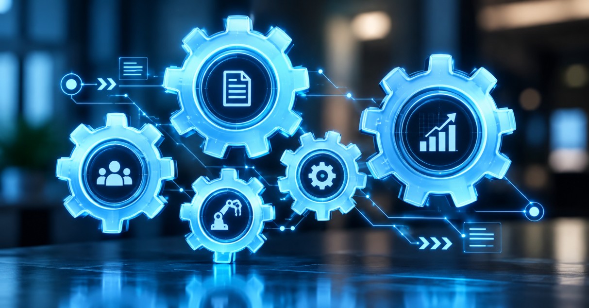 Connected gears representing automated business workflows