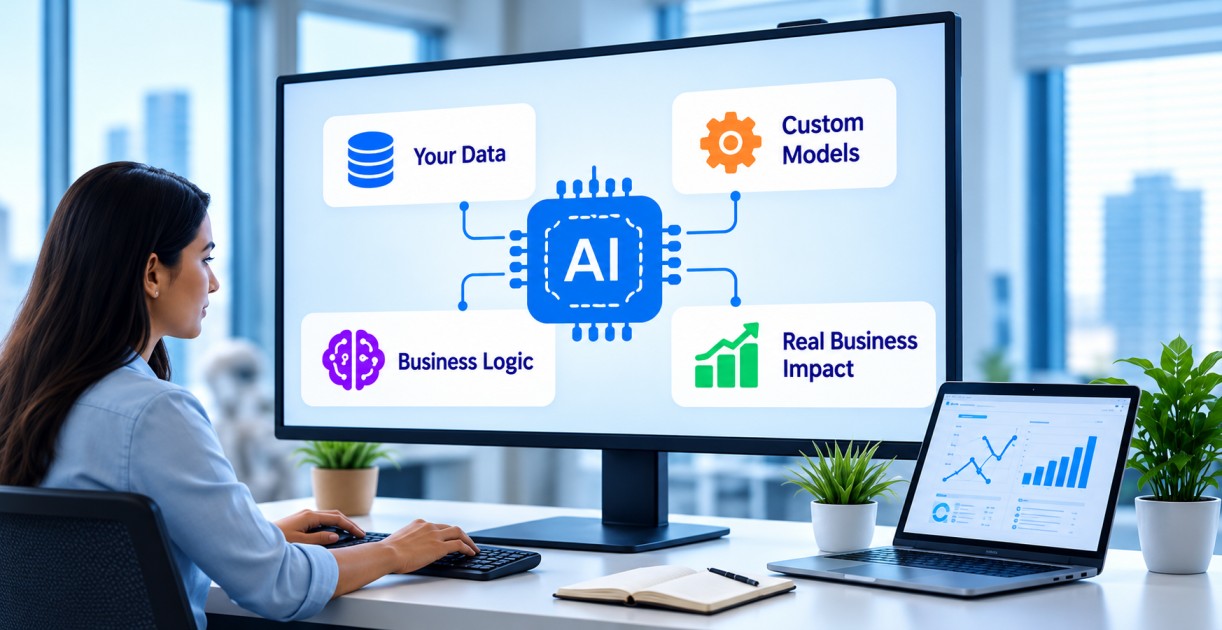 Professional working at a computer displaying custom AI models, business data and analytics