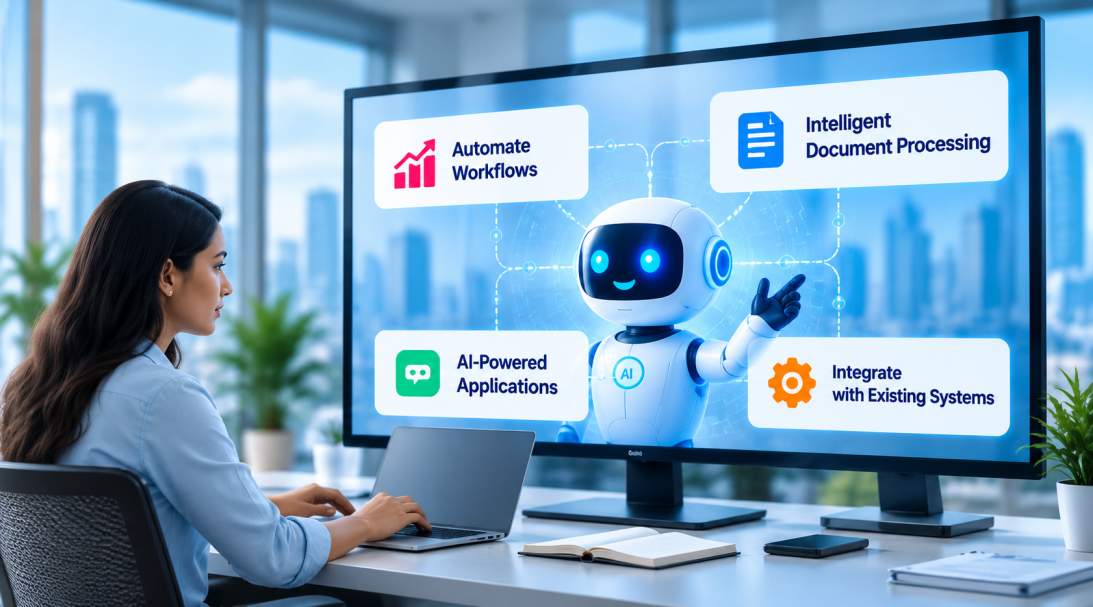 Business professional working with an AI assistant and intelligent automation dashboard