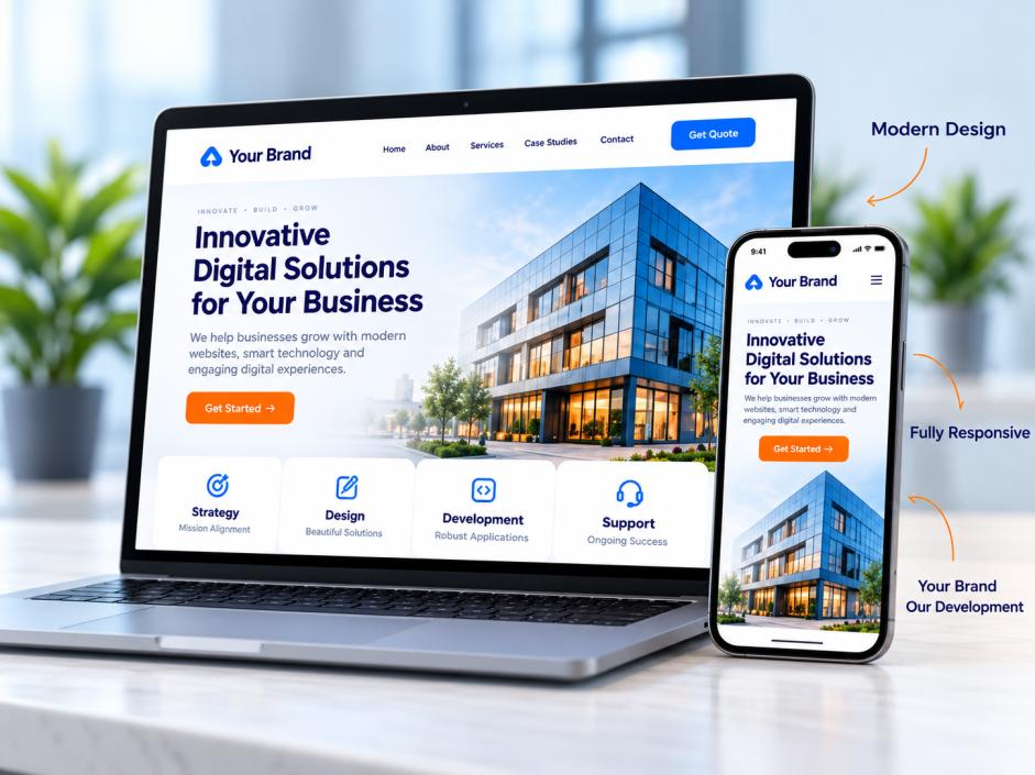 Custom business website displayed on a laptop and a mobile phone, showing a fully responsive design