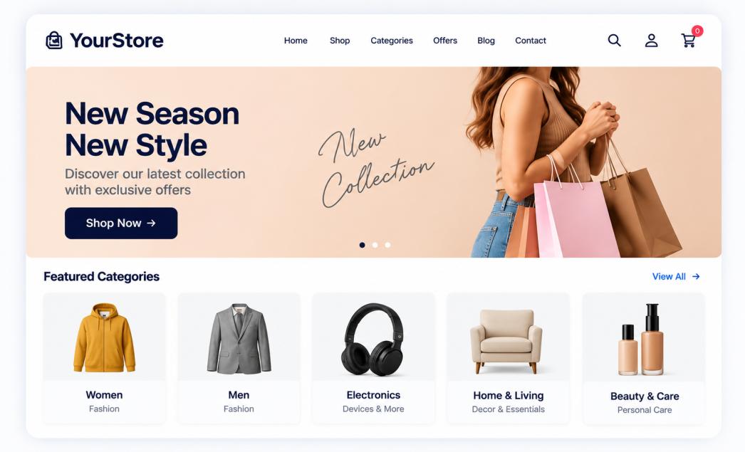 Modern e-commerce storefront with a new season collection banner and clear product categories