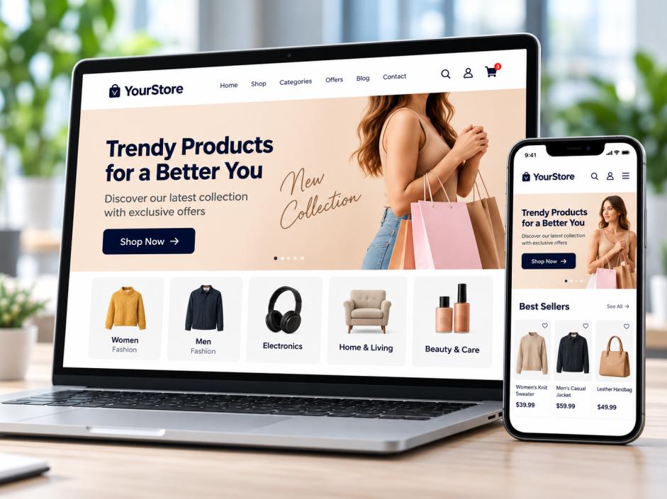 Custom e-commerce website displayed on a laptop and smartphone, showing a responsive online store with product categories