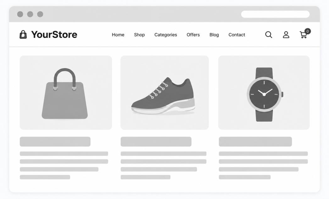 Outdated online store wireframe with a plain, cluttered layout and basic product listings
