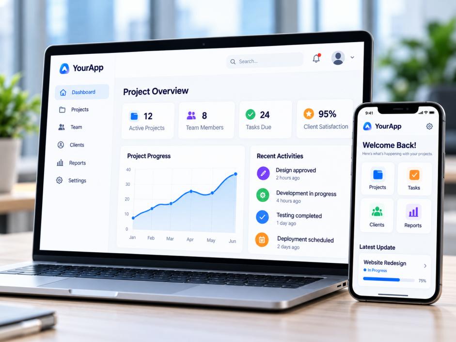 Custom web application dashboard shown on a laptop and mobile phone