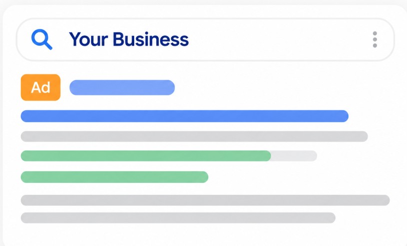 Search results page with a business ad placed at the top