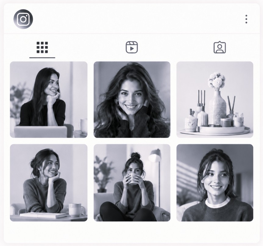 Inactive black-and-white Instagram profile grid with inconsistent posts
