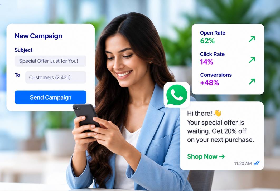 Marketing professional reviewing a successful email and WhatsApp campaign on a smartphone