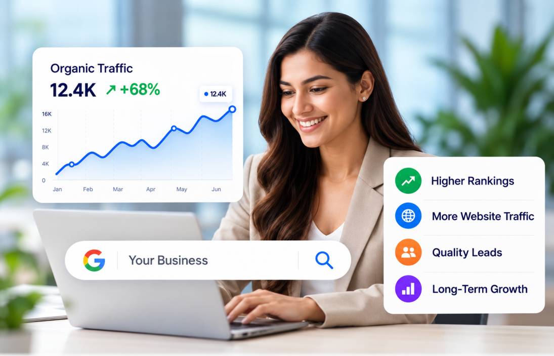SEO specialist reviewing organic traffic analytics on a laptop