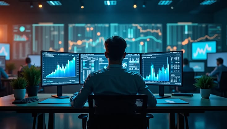 Employee working with business applications on multiple monitors
