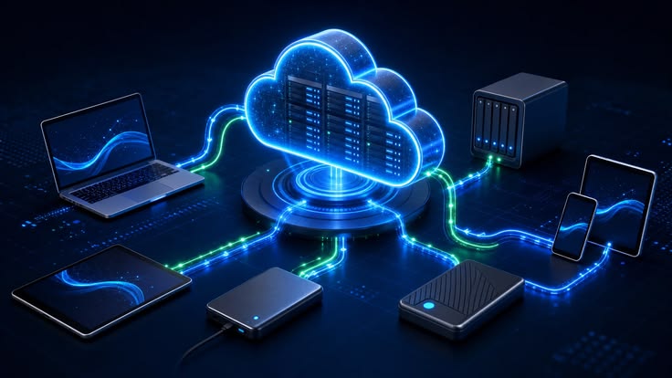 Data center server racks with a secure cloud backup and disaster recovery visual