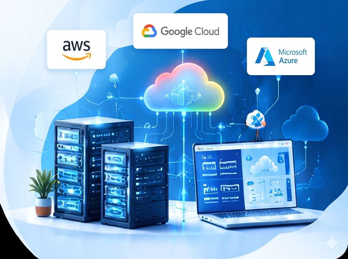 Cloud infrastructure with servers, monitoring dashboards and connected cloud environments