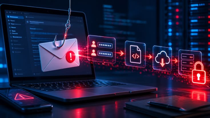 Protected network shield over server racks and a laptop representing defense against evolving cyber threats