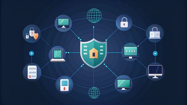 Illustration of a central security shield connecting data centers, cloud services, office buildings, and remote devices