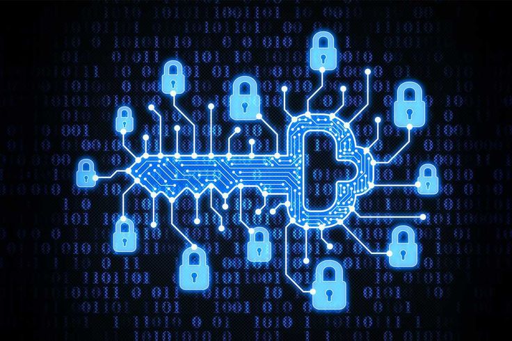 Digital key connected by circuit lines to multiple padlocks, representing centralized security across connected endpoints