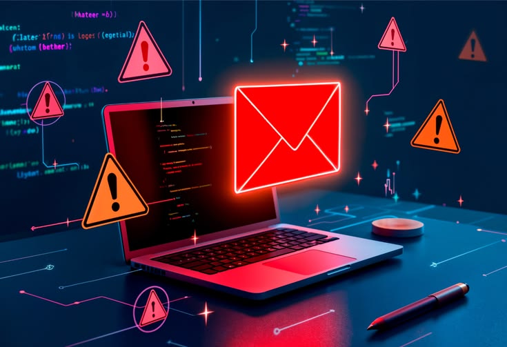 Laptop showing a glowing red email icon surrounded by warning symbols, illustrating phishing and malicious threats targeting endpoints