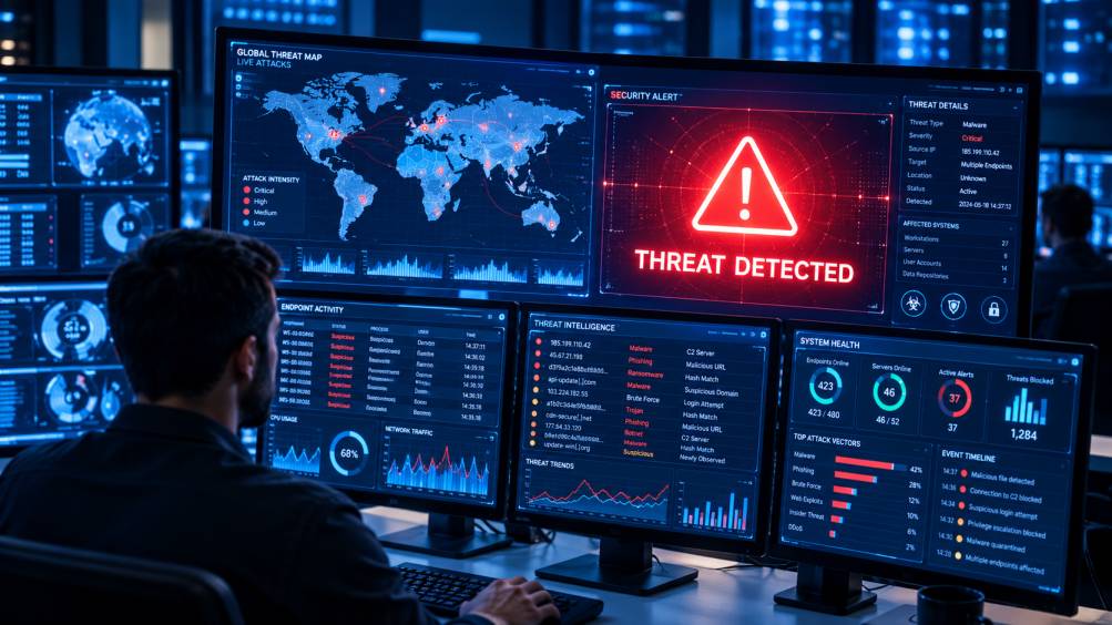 Security analyst in a security operations center monitoring screens that display a threat detected alert on a global map
